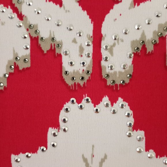 JM Collection Rhinestone Red White Navy Print 3/4 Sleeve Tunic Pullover - Picture 2 of 6